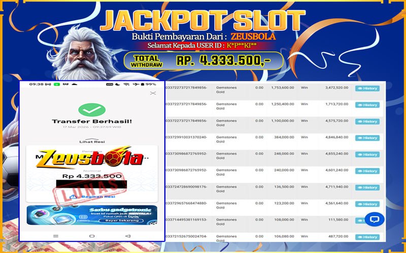 Bukti Kemenangan Member Setia Kami K*P**KI** Sebesar Rp 4.333.500 di Permainan Gemstones Gold