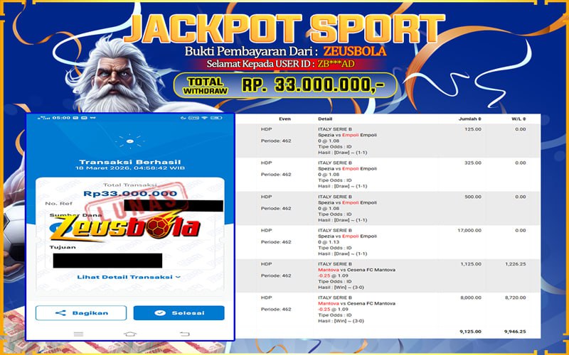 Bukti Kemenangan Member Setia Kami ZB***AD Sebesar Rp 33.000.000 di Permainan UBO Sport