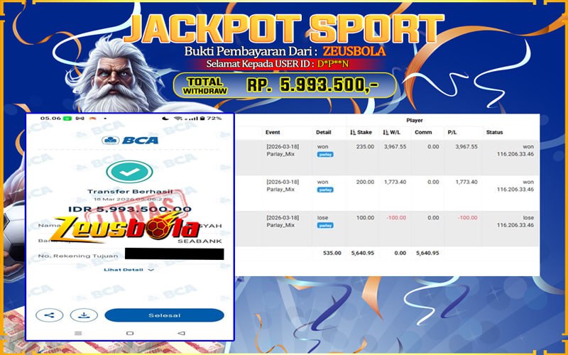 Bukti Kemenangan Member Setia Kami D*P**N Sebesar Rp 5.993.500 di Permainan PARLAY