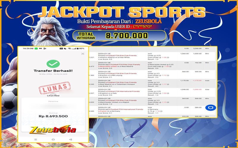 Bukti Kemenangan Member Setia Kami C*Y**N*O* Sebesar Rp 8.700.000 di Permainan SBO Sport