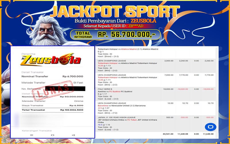 Bukti Kemenangan Member Setia Kami ZB***AD Sebesar Rp 56.700.000 di Permainan UBO Sport