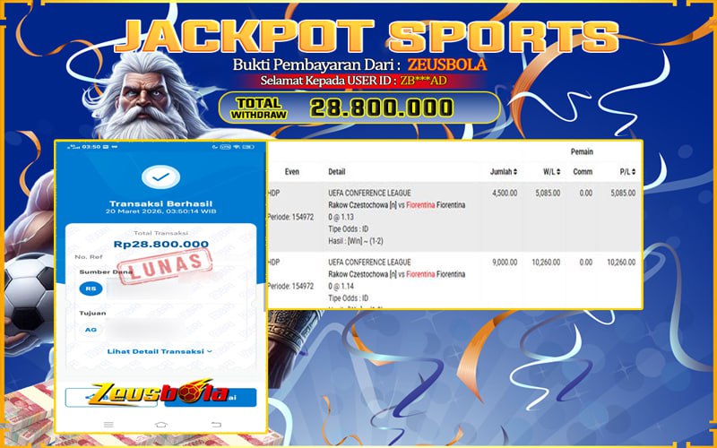 Bukti Kemenangan Member Setia Kami ZB***AD Sebesar Rp 28.800.000 di Permainan UBO sports