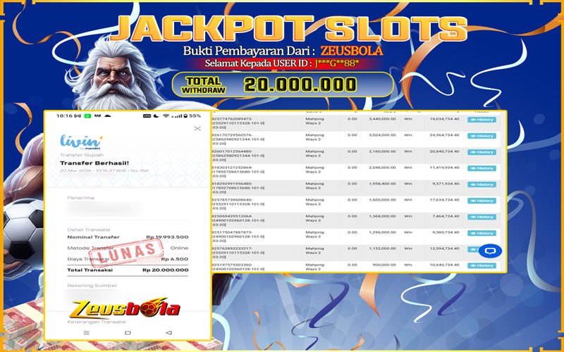 Bukti Kemenangan Member Setia Kami J***G**88* Sebesar Rp 20.000.000 di Permainan Mahjong Ways 2