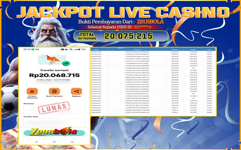 Bukti Kemenangan Member Setia Kami KU*****A Sebesar Rp 20.075.215 di Permainan live casino & slots