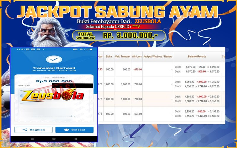 Bukti Kemenangan Member Setia Kami ***V Sebesar Rp 3.000.000 di Permainan SABUNG AYAM