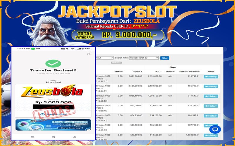 Bukti Kemenangan Member Setia Kami B***L**3* Sebesar Rp 3.000.000 di Permainan Gates of Olympus 1000