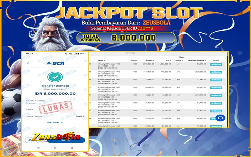 Bukti Kemenangan Member Setia Kami ZB***8 Sebesar Rp 6.000.000 di Permainan starlight princess 1000