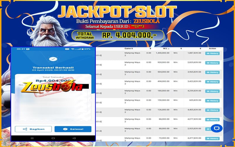 Bukti Kemenangan Member Setia Kami **DI**3 Sebesar Rp 4.004.000 di Permainan Mahjong Ways 2