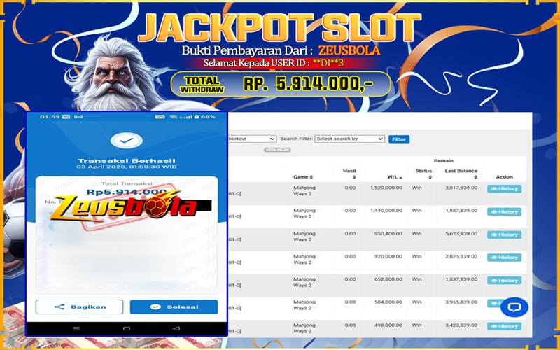 Bukti Kemenangan Member Setia Kami **DI**3 Sebesar Rp 5.914.000 di Permainan Mahjong Ways 2
