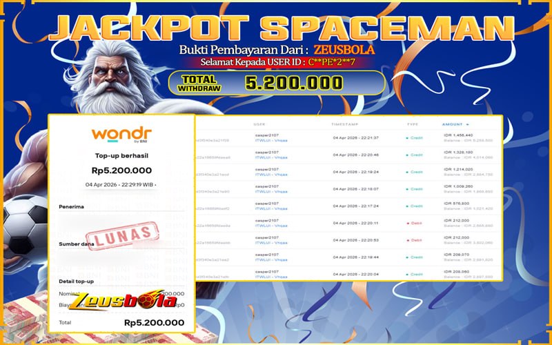 Bukti Kemenangan Member Setia Kami C**PE*2**7 Sebesar Rp 5.200.000 di Permainan spaceman