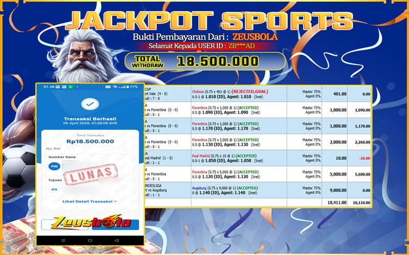 Bukti Kemenangan Member Setia Kami ZB***AD Sebesar Rp 18.500.000 di Permainan UBO sports