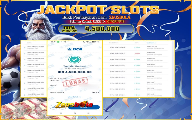 Bukti Kemenangan Member Setia Kami G**OR**P*8 Sebesar Rp 4.500.000 di Permainan Gates Of Olympus 100
