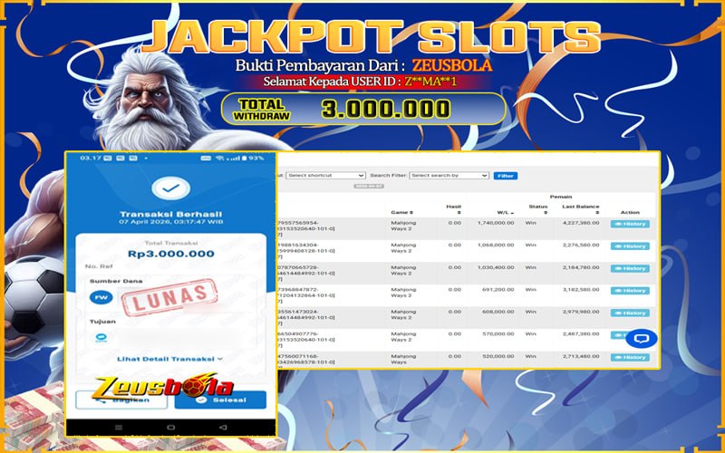 Bukti Kemenangan Member Setia Kami Z**MA**1 Sebesar Rp 3.000.000 di Permainan Mahjong Ways 2