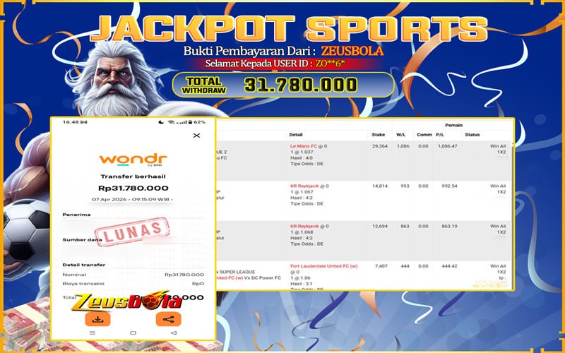 Bukti Kemenangan Member Setia Kami ZO**6* Sebesar Rp 31.780.000 di Permainan CMD Sports
