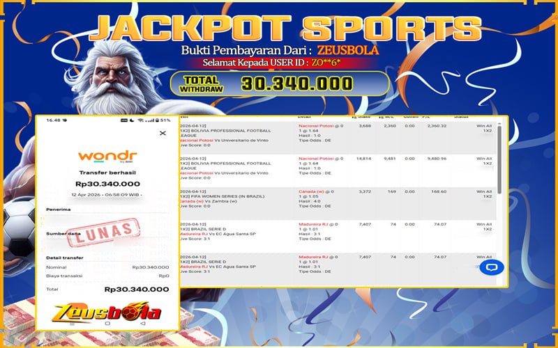 Bukti Kemenangan Member Setia Kami ZO**6* Sebesar Rp 30.340.000 di Permainan CMD Sports