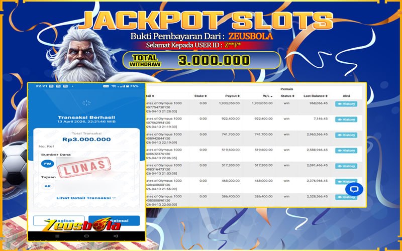 Bukti Kemenangan Member Setia Kami Z**F* Sebesar Rp 3.000.000 di Permainan Gates of Olympus 1000