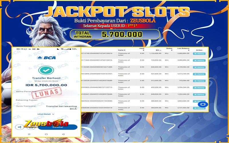 Bukti Kemenangan Member Setia Kami F**1* Sebesar Rp 5.700.000 di Permainan Treasures of Aztec
