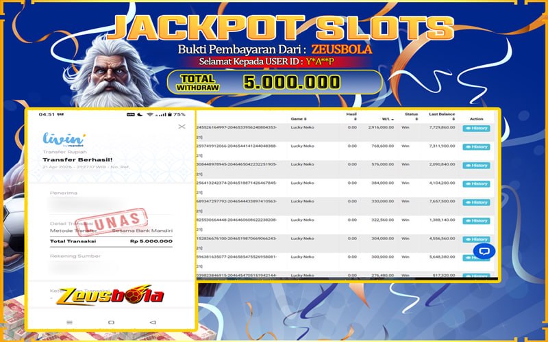 Bukti Kemenangan Member Setia Kami Y*A**P Sebesar Rp 5.000.000 di Permainan Lucky Neko