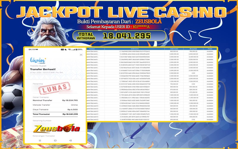 Bukti Kemenangan Member Setia Kami KU*****A Sebesar Rp 18.041.295 di Permainan Live casino