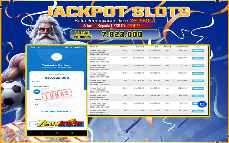 Bukti Kemenangan Member Setia Kami **DI**3 Sebesar Rp 7.823.000 di Permainan Sugar Rush 1000
