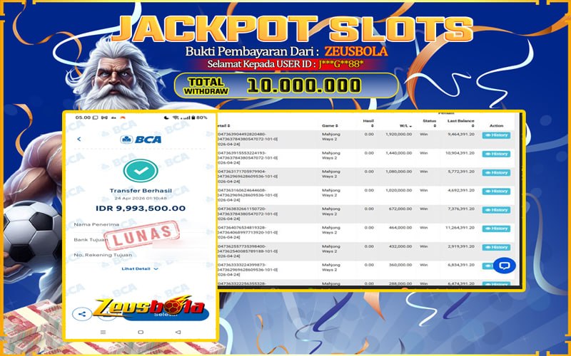 Bukti Kemenangan Member Setia Kami J***G**88* Sebesar Rp 10.000.000 di Permainan Mahjong Ways 2