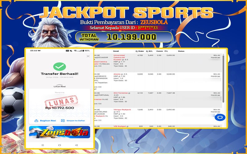 Bukti Kemenangan Member Setia Kami B**T*T*33 Sebesar Rp 10.199.000 di Permainan CMD sports
