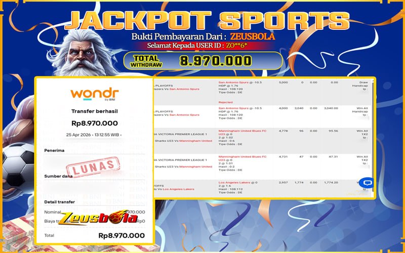 Bukti Kemenangan Member Setia Kami ZO**6* Sebesar Rp 8.970.000 di Permainan CMD sports