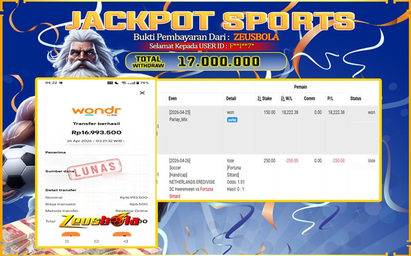 Bukti Kemenangan Member Setia Kami D*P**N Sebesar Rp 17.000.000 di Permainan SABA sports