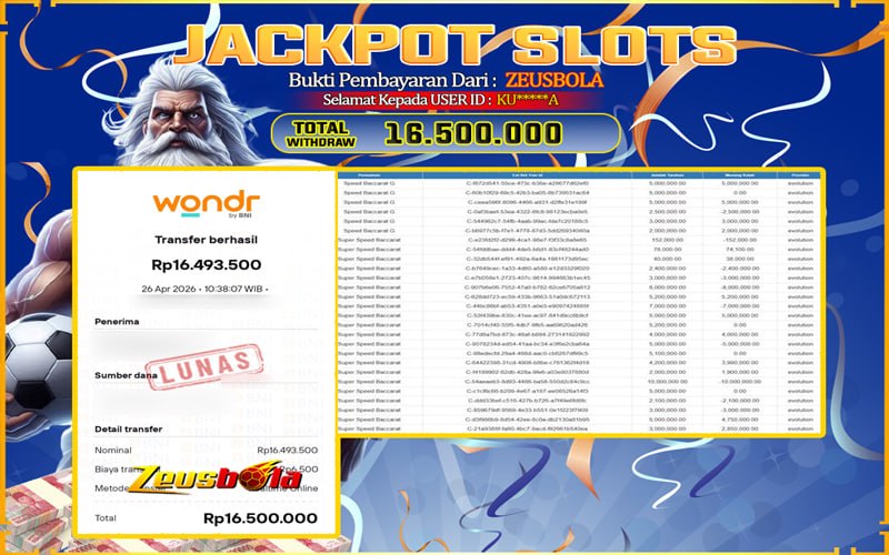 Bukti Kemenangan Member Setia Kami KU*****A Sebesar Rp 16.500.000 di Permainan casino