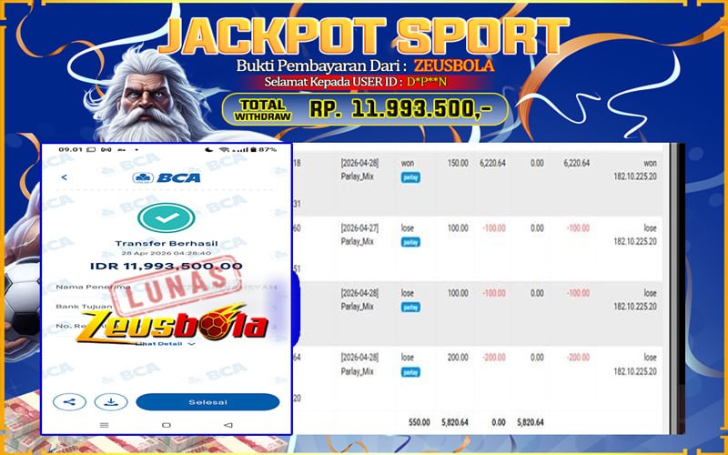 Bukti Kemenangan Member Setia Kami D*P**N Sebesar Rp 11.993.500 di Permainan SABA SPORT