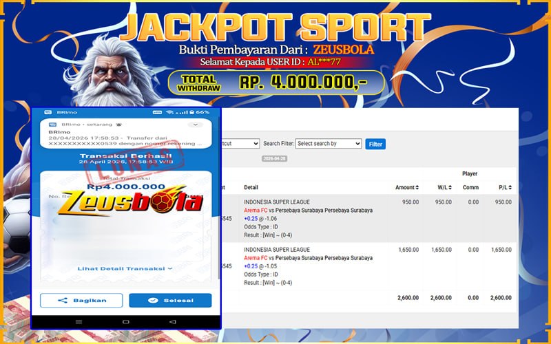 Bukti Kemenangan Member Setia Kami AL***77 Sebesar Rp 4.000.000 di Permainan UBO Sports