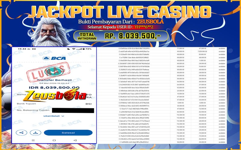 Bukti Kemenangan Member Setia Kami YH***6**2 Sebesar Rp 8.039.500 di Permainan CASINO