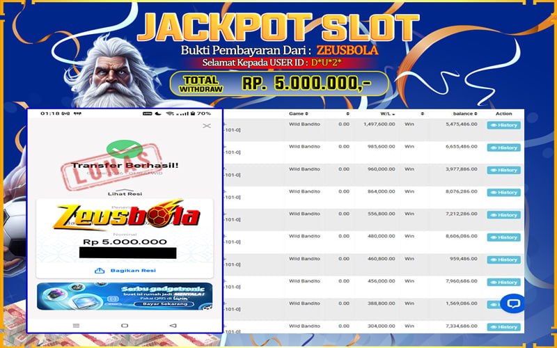 Bukti Kemenangan Member Setia Kami D*U*2* Sebesar Rp 5.000.000 di Permainan Wild Bandito