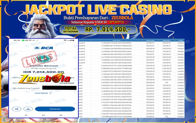 Bukti Kemenangan Member Setia Kami R**A*I**A Sebesar Rp 7.014.500 di Permainan CASINO