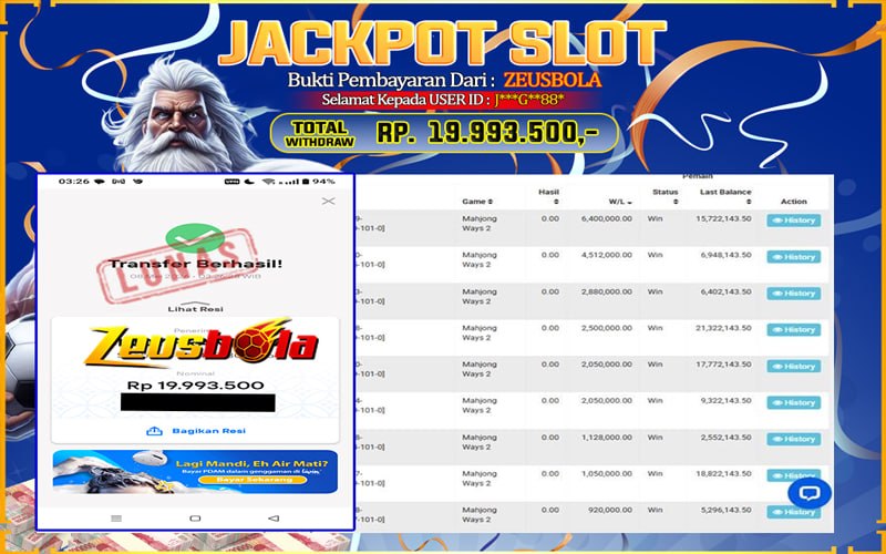Bukti Kemenangan Member Setia Kami J***G**88* Sebesar Rp 19.993.500 di Permainan Mahjong Ways 2