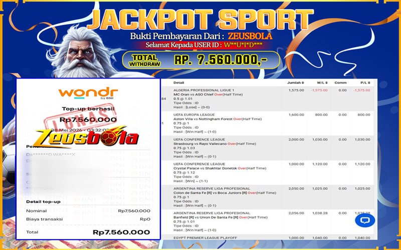 Bukti Kemenangan Member Setia Kami W**U*I*D*** Sebesar Rp 7.560.000 di Permainan UBO Sports