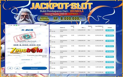Bukti Kemenangan Member Setia Kami CO**N*03 Sebesar Rp 8.000.000 di Permainan Gemstones Gold