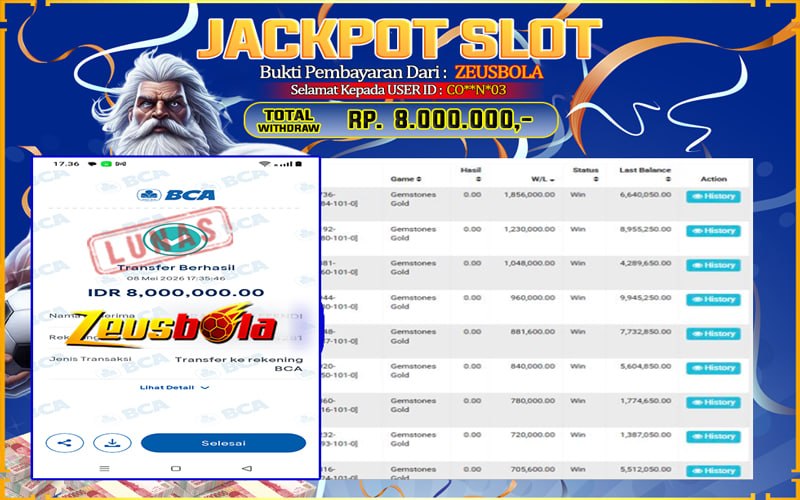 Bukti Kemenangan Member Setia Kami CO**N*03 Sebesar Rp 8.000.000 di Permainan Gemstones Gold