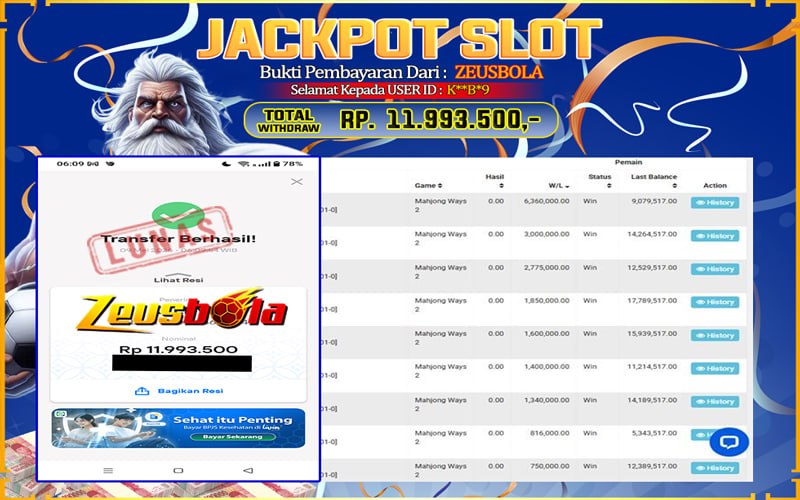 Bukti Kemenangan Member Setia Kami K**B*9 Sebesar Rp 11.993.500 di Permainan Mahjong Ways 2