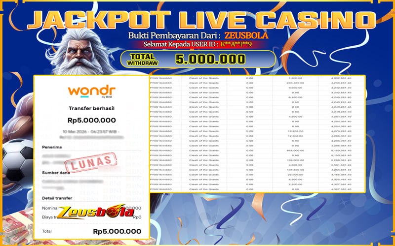 Bukti Kemenangan Member Setia Kami K**A**I**9 Sebesar Rp 5.000.000 di Permainan live casino