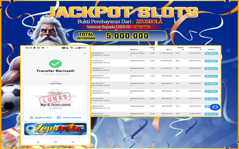 Bukti Kemenangan Member Setia Kami K**B***N Sebesar Rp 5.000.000 di Permainan Mahjong Ways 2