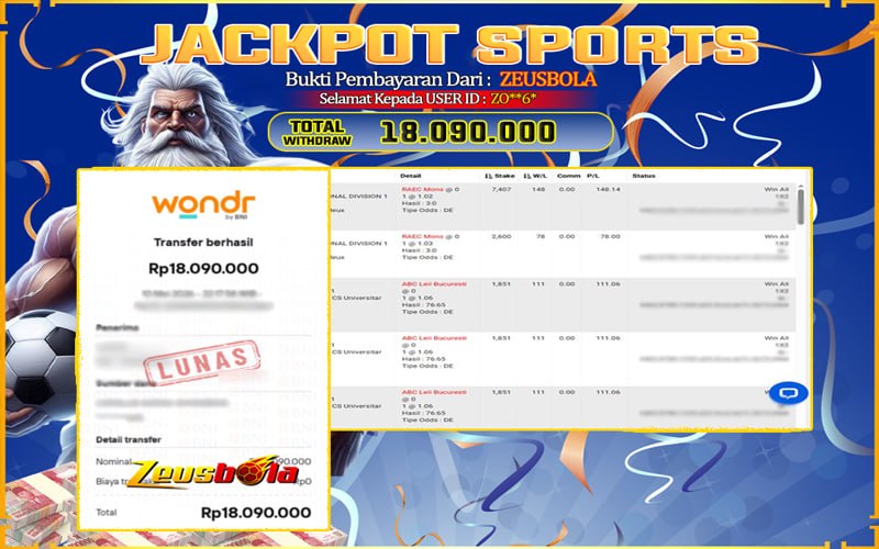 Bukti Kemenangan Member Setia Kami ZO**6* Sebesar Rp 18.090.000 di Permainan CMD Sports