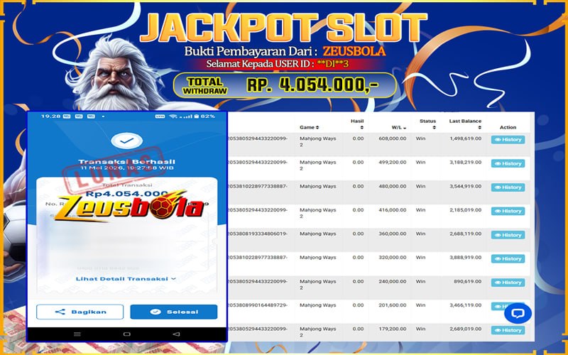 Bukti Kemenangan Member Setia Kami **DI**3 Sebesar Rp 4.054.000 di Permainan Mahjong Ways 2