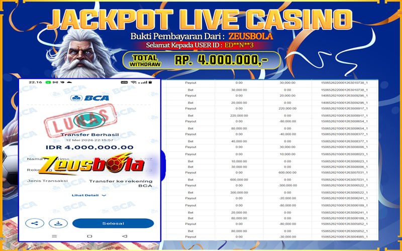 Bukti Kemenangan Member Setia Kami ED**N**3 Sebesar Rp 4.000.000 di Permainan Casino
