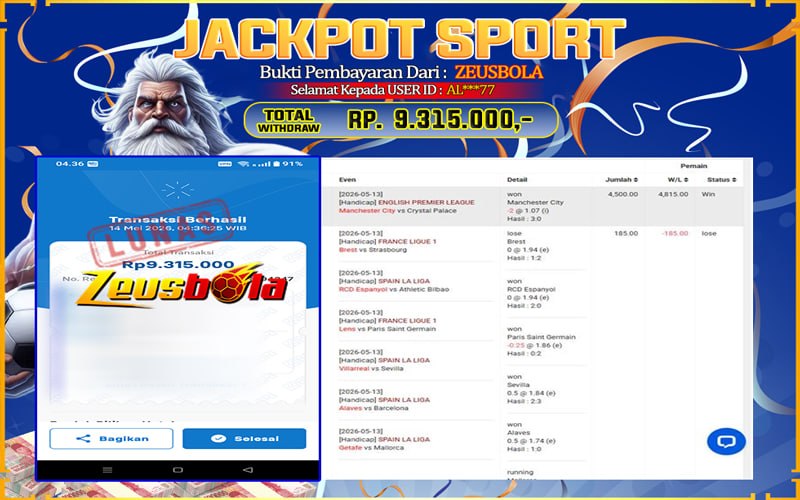 Bukti Kemenangan Member Setia Kami AL***77 Sebesar Rp 9.315.000 di Permainan SBO Sport