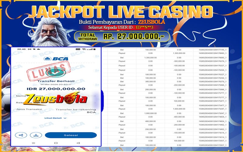 Bukti Kemenangan Member Setia Kami ED**N**3 Sebesar Rp 27.000.000 di Permainan CASINO