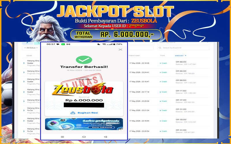 Bukti Kemenangan Member Setia Kami Z**S**4* Sebesar Rp 6.000.000 di Permainan Mahjong
