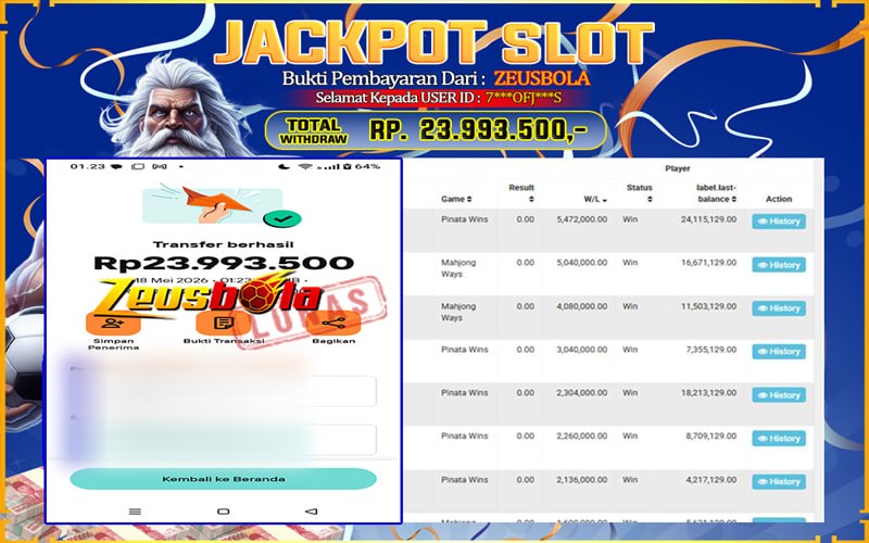 Bukti Kemenangan Member Setia Kami 7***OFJ***S Sebesar Rp 23.993.500 di Permainan Mahjong Ways & Pinata Wins
