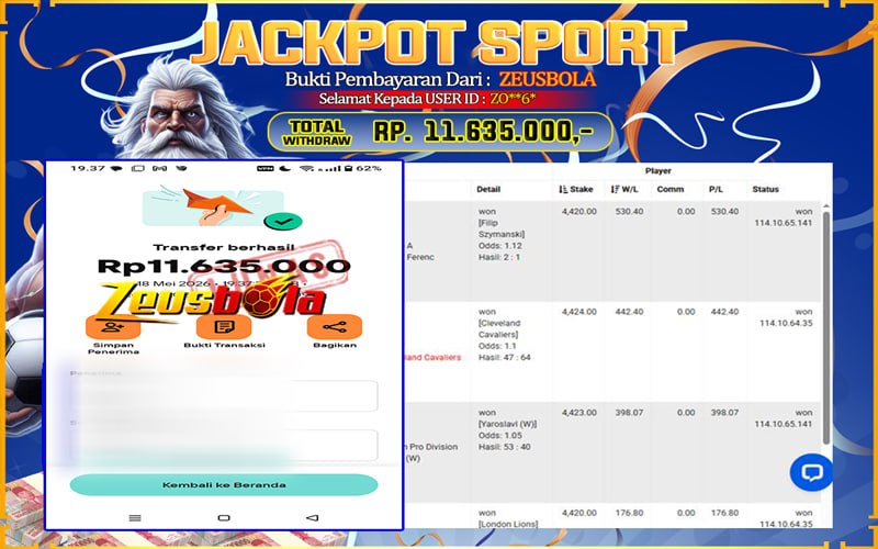 Bukti Kemenangan Member Setia Kami ZO**6* Sebesar Rp 11.635.000 di Permainan Saba Sports