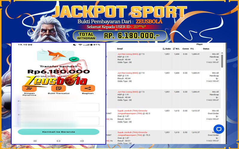 Bukti Kemenangan Member Setia Kami ZO**6* Sebesar Rp 6.180.000 di Permainan CMD Sports